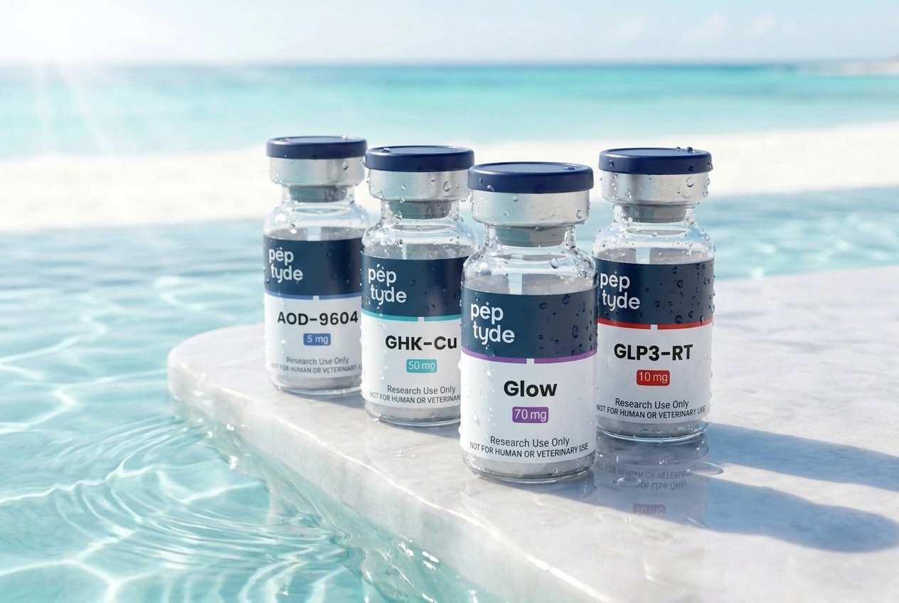 Peptyde research vials on a marble ledge over turquoise water