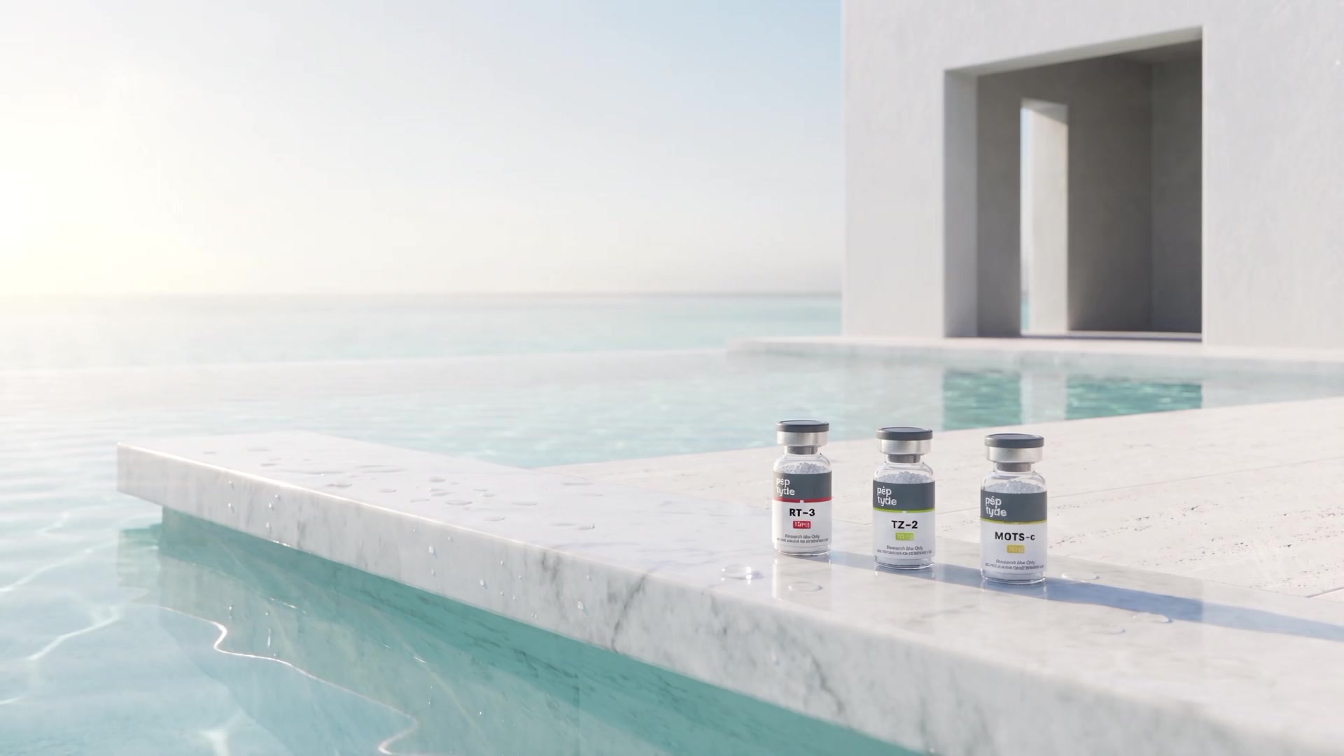 Peptyde research vials on a marble ledge over turquoise water