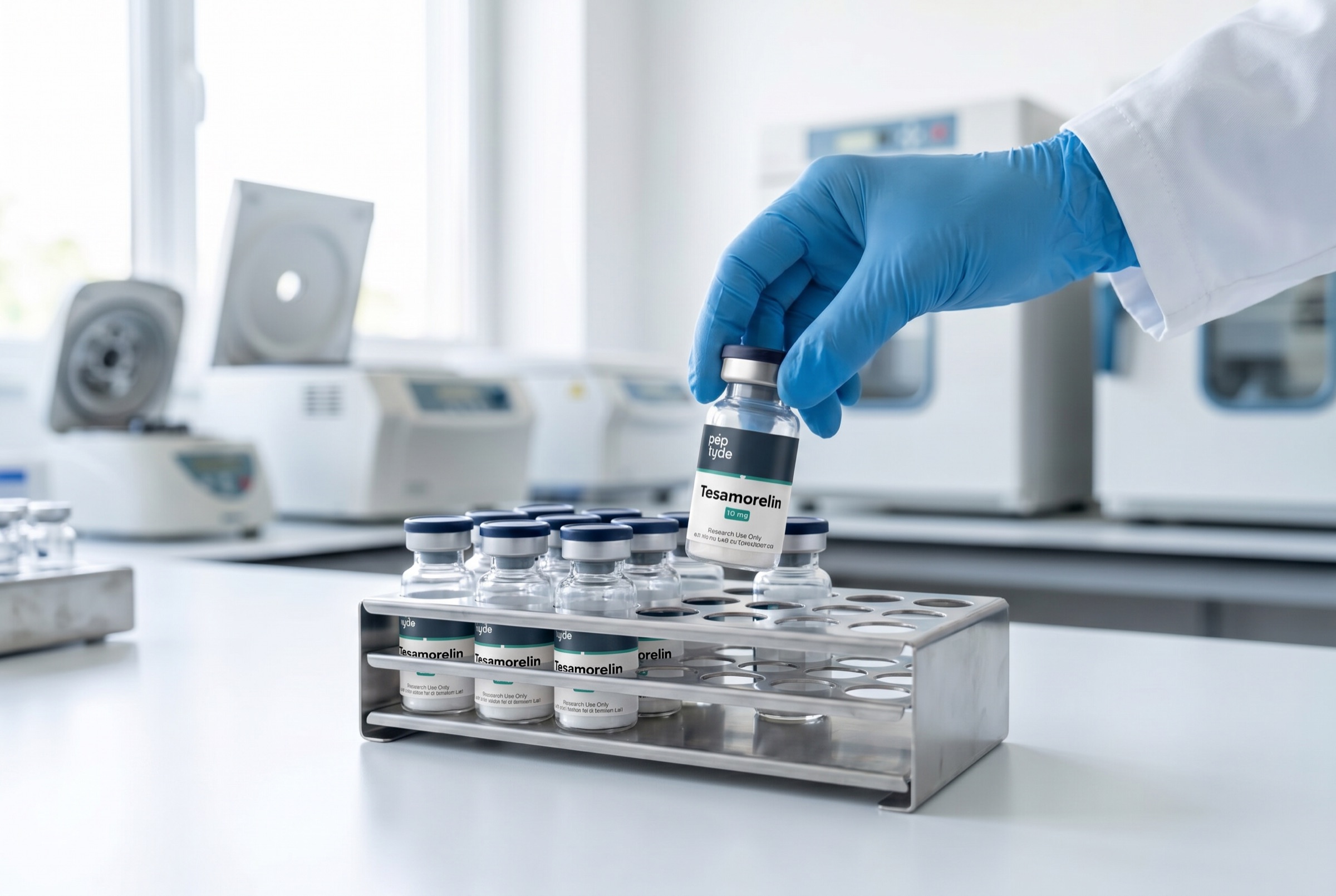 Gloved hand placing a Peptyde vial in a laboratory rack